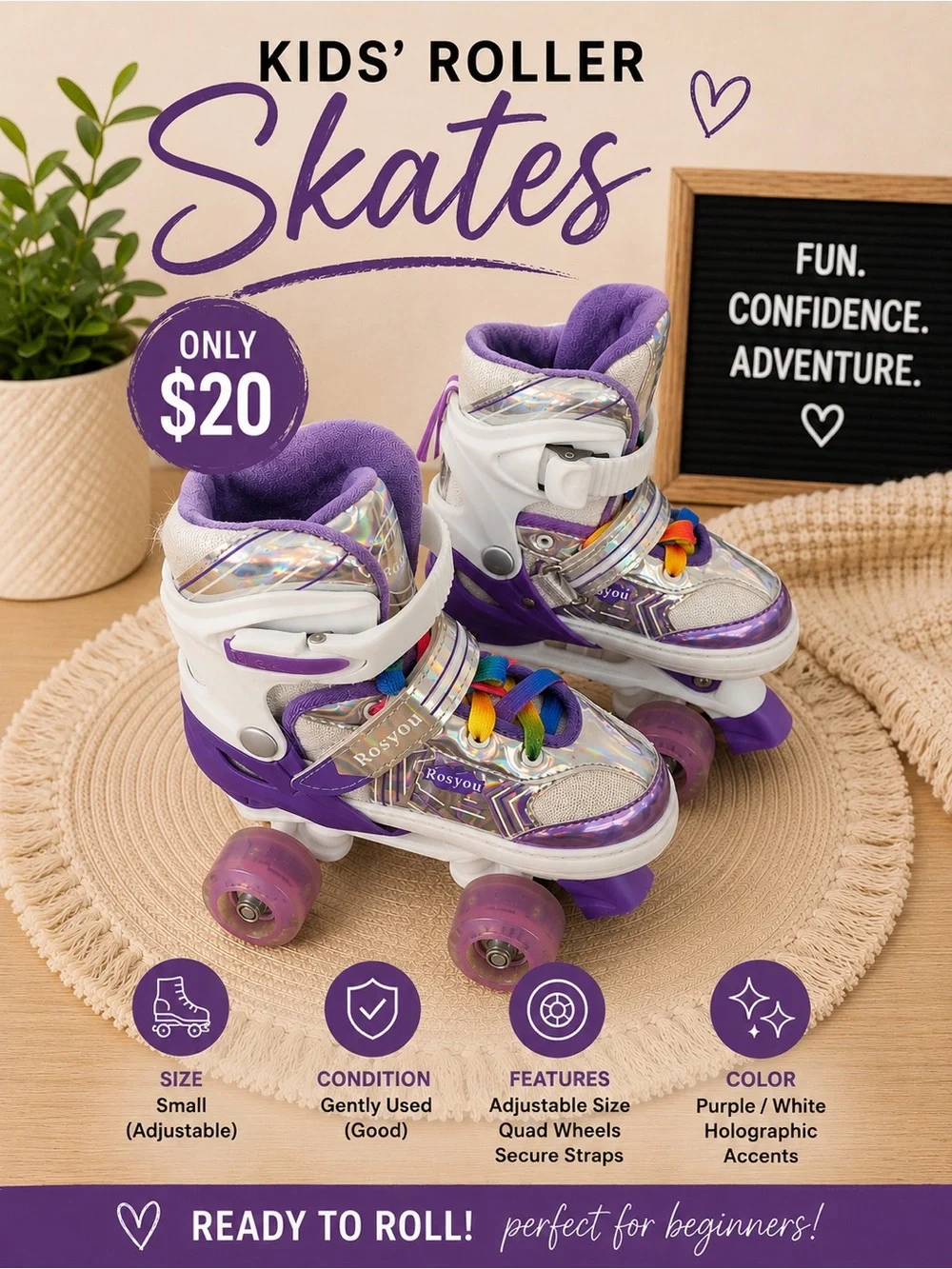 🛼 Rosyou Kids’ Adjustable Roller Skates – Size Small – $20